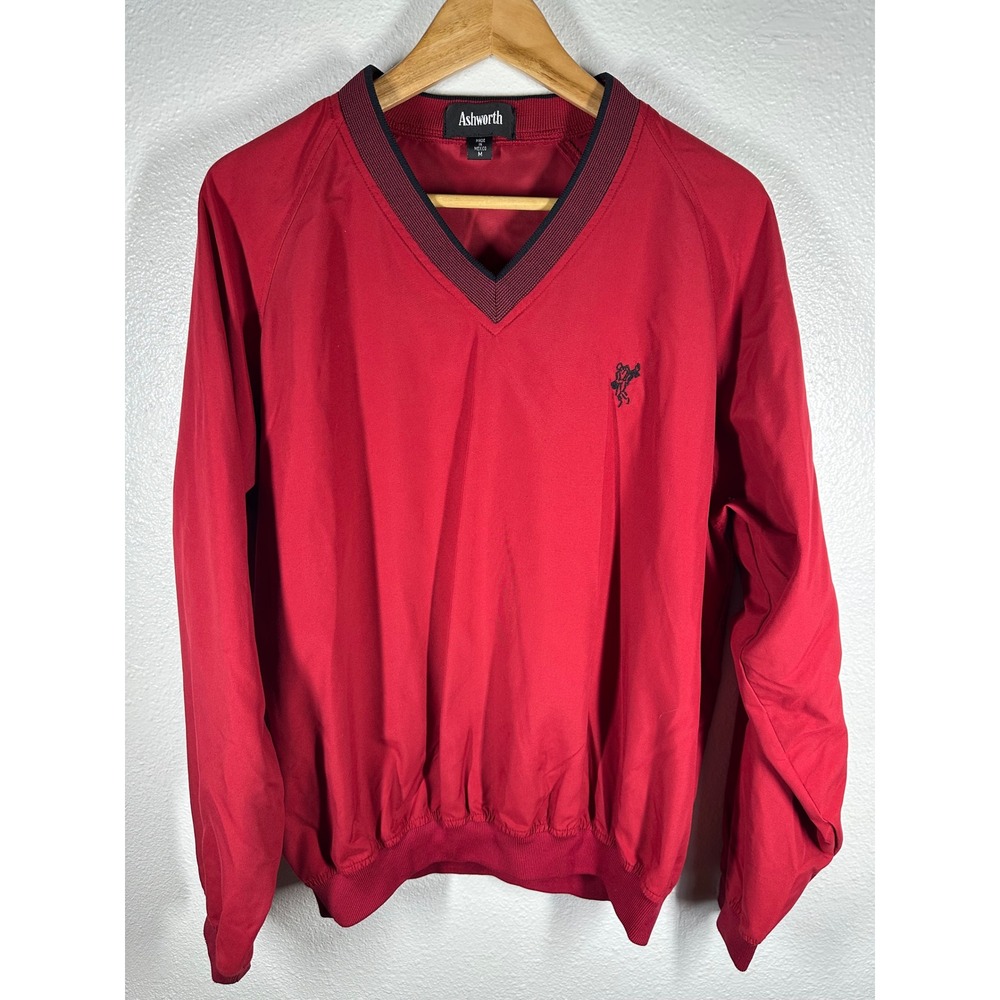 Ashworth Windshirt Men Medium‎ Red V-Neck Pullover Golf Jacket Raglan Lined
